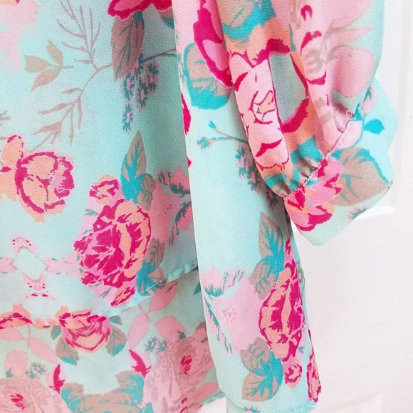 Forever 21 Women's Hi Lo Semi Sheer Turquoise Floral Shirt Top Blouse Cover Up - Picture 6 of 13